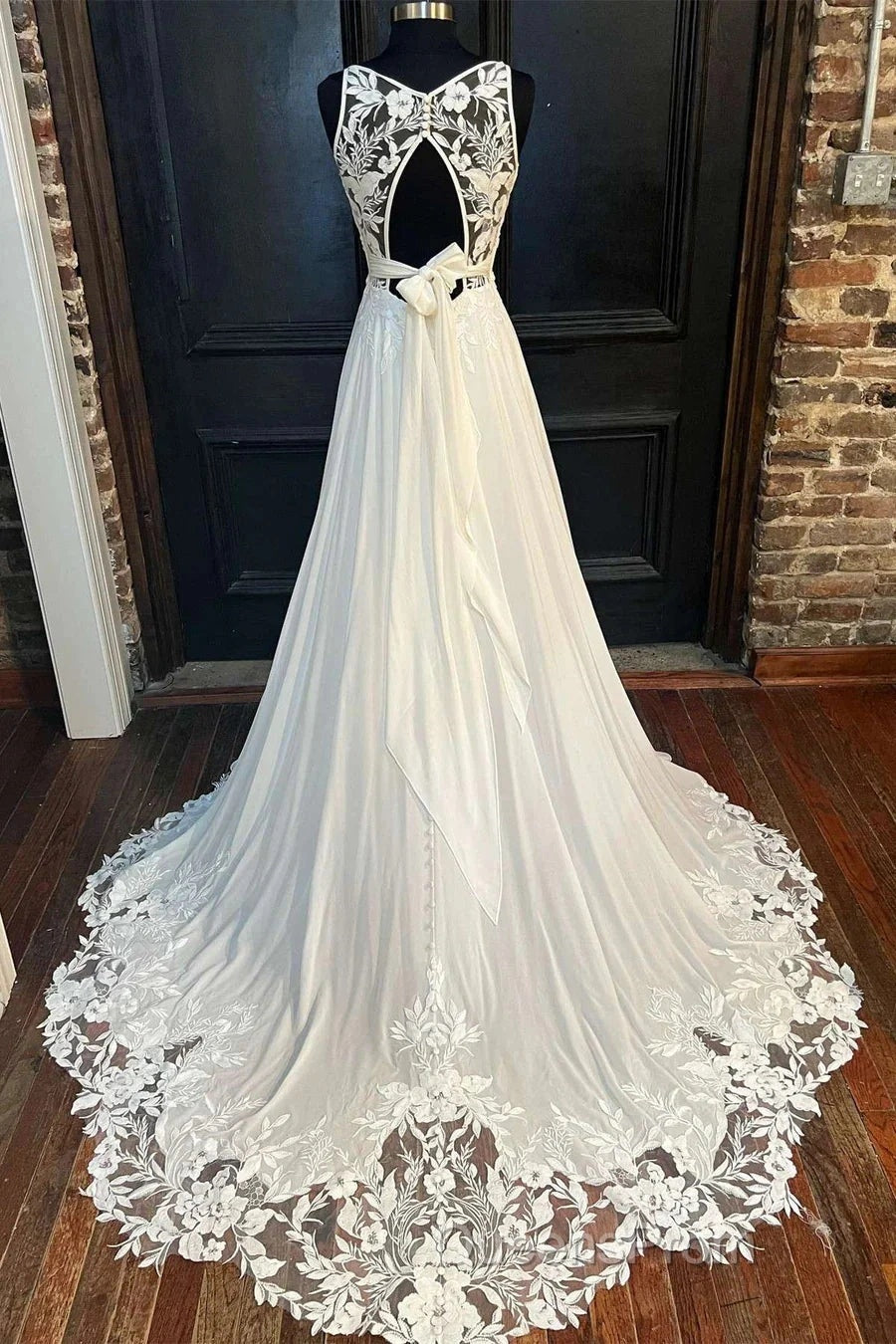 Cowl Neck Cutout Back Lace-Trimmed Long Wedding Dress Secondary image