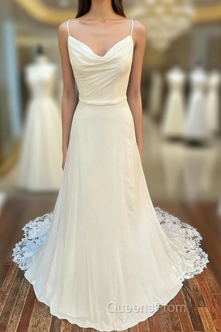 Cowl Neck Cutout Back Lace-Trimmed Long Wedding Dress Main image