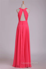 Crew Neck Watermelon Chiffon Long Bridesmaid Dress