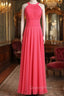 Crew Neck Watermelon Chiffon Long Bridesmaid Dress