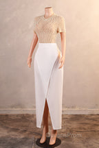 Crew Sheath Evening Prom Dress Ankle-Length Zipper Beads Split Side Short Sleeve Evening Dress