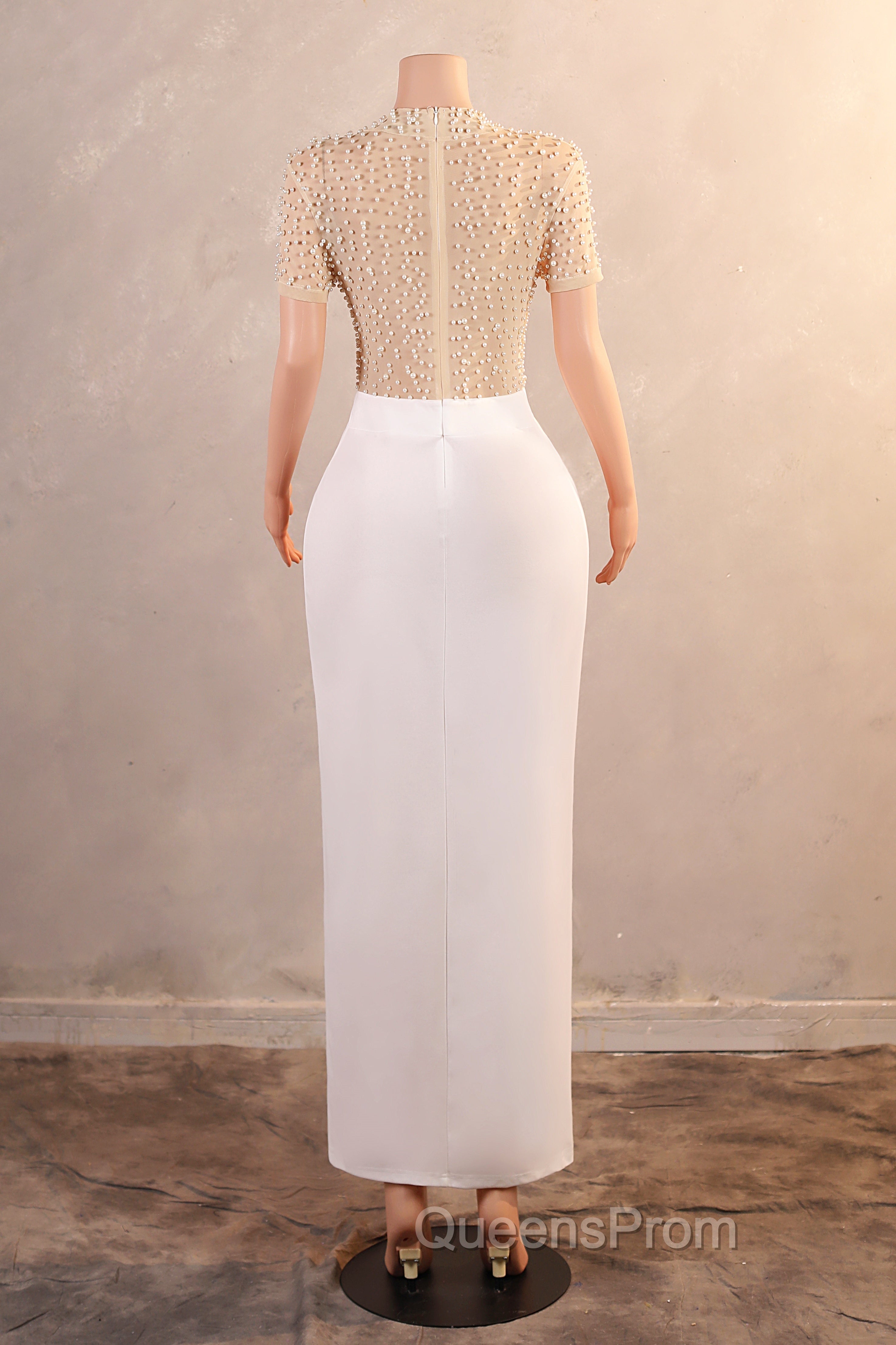 Crew Sheath Evening Prom Dress Ankle-Length Zipper Beads Split Side Short Sleeve Evening Dress