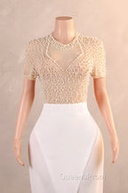 Crew Sheath Evening Prom Dress Ankle-Length Zipper Beads Split Side Short Sleeve Evening Dress