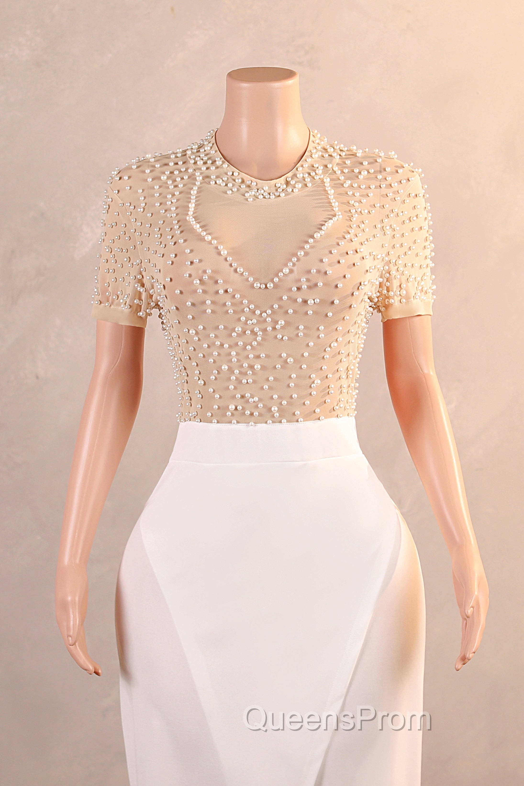 Crew Sheath Evening Prom Dress Ankle-Length Zipper Beads Split Side Short Sleeve Evening Dress