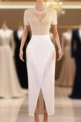Crew Sheath Evening Prom Dress Ankle-Length Zipper Beads Split Side Short Sleeve Evening Dress