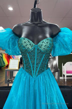 Blue Off-the-Shoulder Beaded A-line Tulle Long Prom Dress