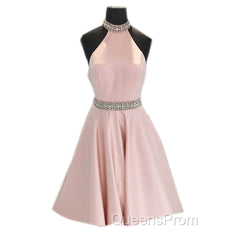 Crystal Beaded High Neck Short Pink Satin Homecoming Dress