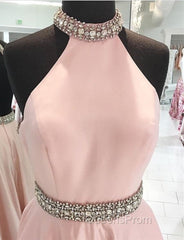 Crystal Beaded High Neck Short Pink Satin Homecoming Dress