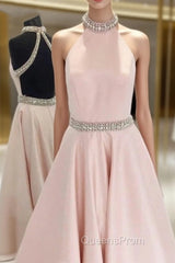 Crystal Beaded High Neck Short Pink Satin Homecoming Dress