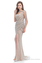 Crystal Beaded Mermaid High Slit Long Prom Dresses