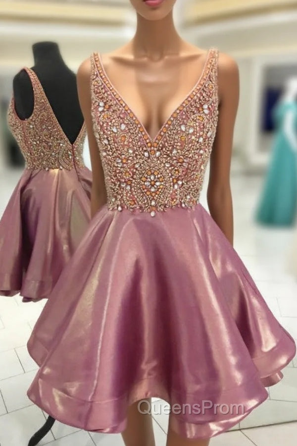 Crystal Beaded V Neck Satin Homecoming Dress Short Evening Prom Gowns