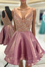 Crystal Beaded V Neck Satin Homecoming Dress Short Evening Prom Gowns