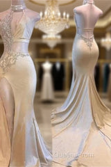 Crystal Halter Side Slit Evening Prom Dress A-Line Backless Sleeveless Evening Dress