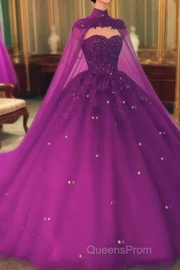Crystals Purple Ball Gown Evening Prom Dress With Cape Sweet 16 Quinceanera Dress Main image