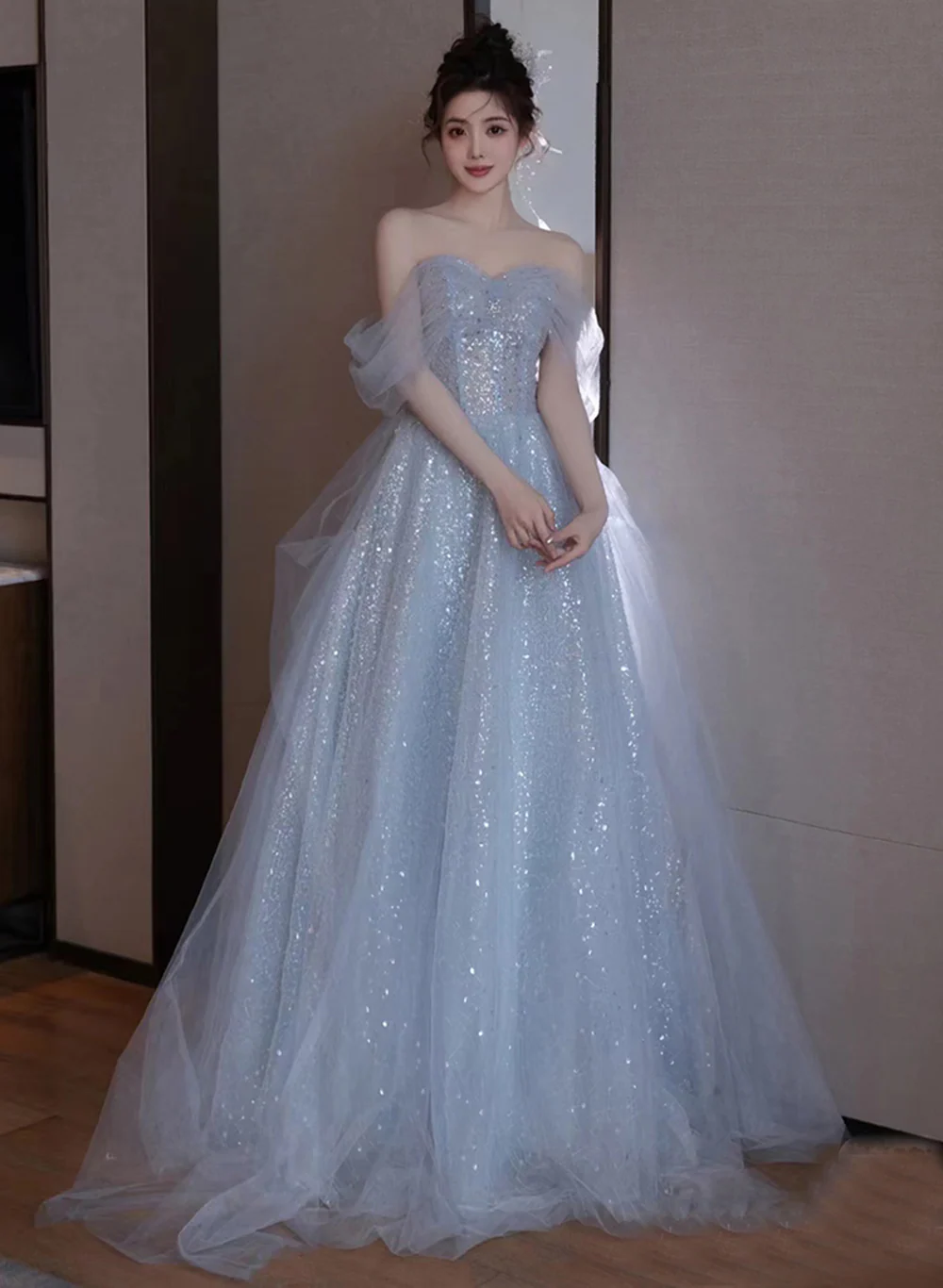 Custom Light Blue Tulle And Sequins Long Classy Dress