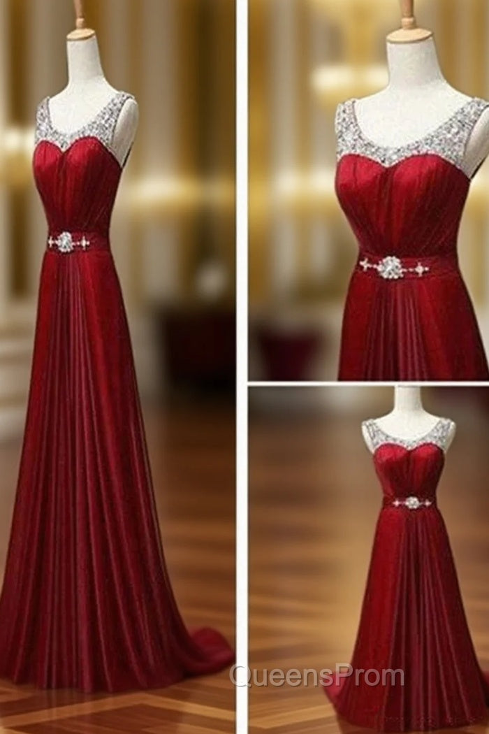 Custom Made A Line Dark Red Round Neck Long Evening Prom Dress, Bridesmaid Dress, Evening Dress Main image