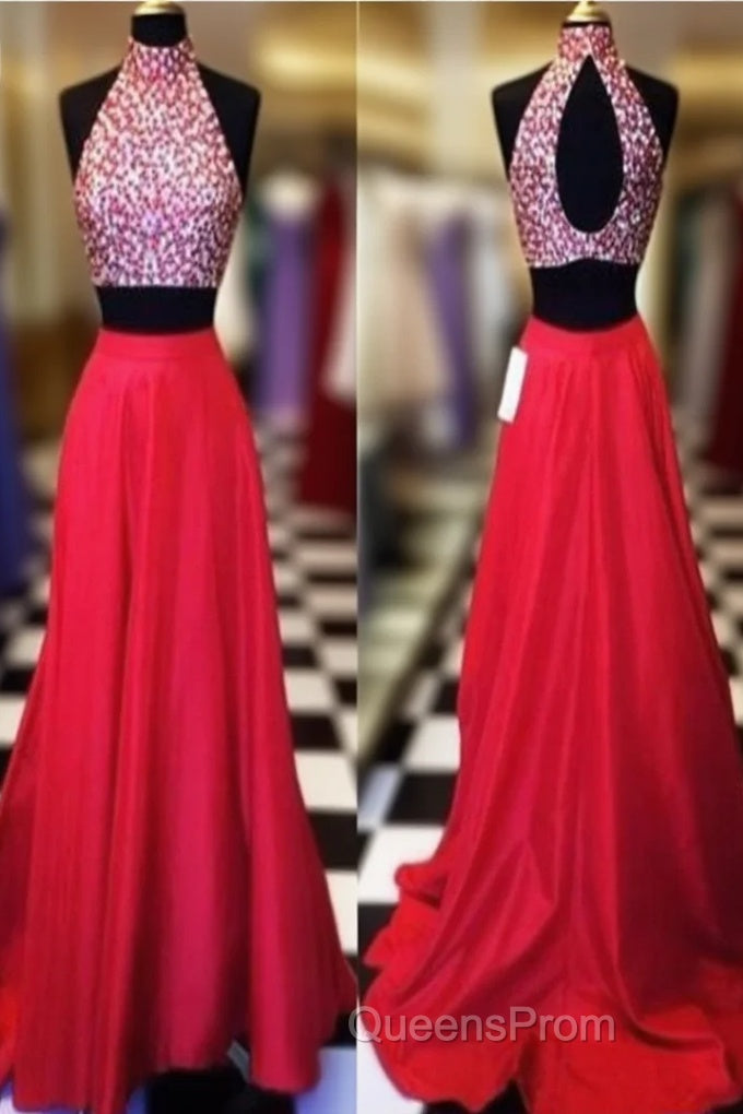 Custom Made A Line High Neck 2 Pieces Red Long Evening Prom Dress, Long Red Evening Dress Main image
