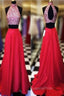 Custom Made A Line High Neck 2 Pieces Red Long Evening Prom Dress, Long Red Evening Dress