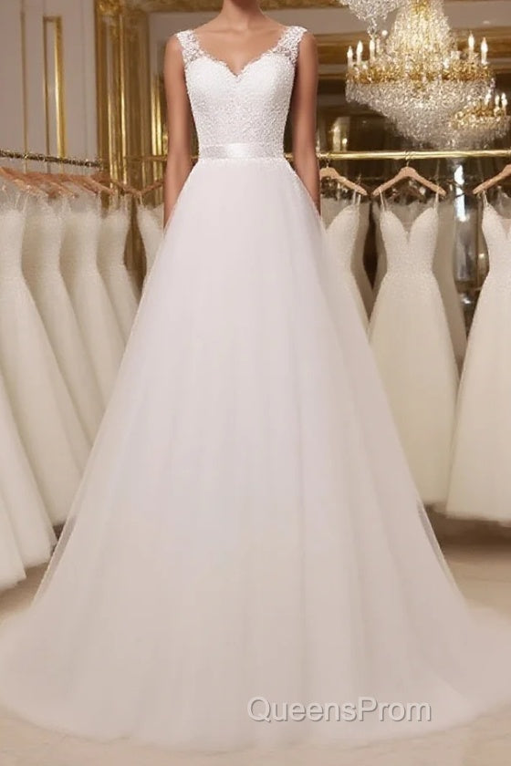 Custom Made A Line Round Neck Lace Tulle White Long Evening Prom Dress, White Lace Formal Dress, White Evening Dress Main image