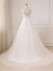 Custom Made A Line Round Neck Lace Tulle White Long Evening Prom Dress, White Lace Formal Dress, White Evening Dress