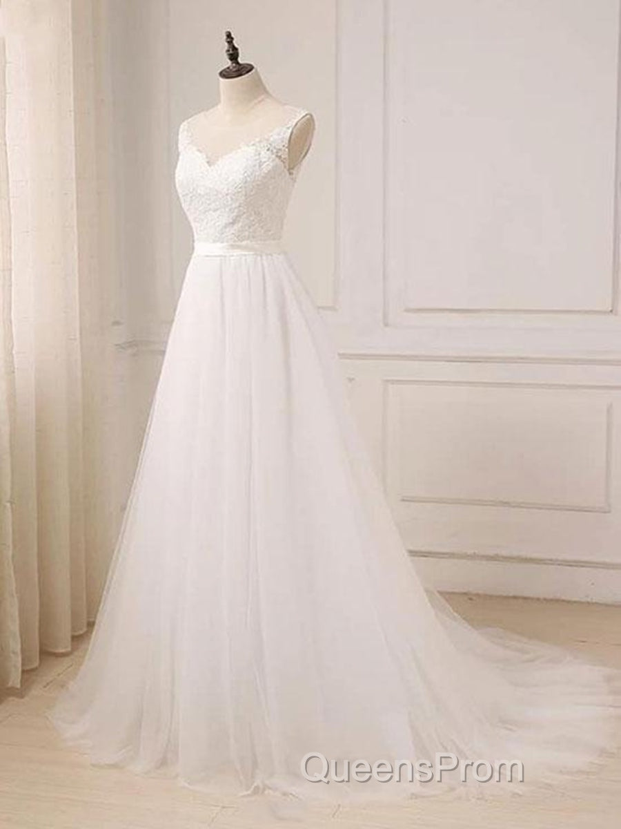 Custom Made A Line Round Neck Lace Tulle White Long Evening Prom Dress, White Lace Formal Dress, White Evening Dress
