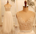 Custom Made A Line Round Neck Ivory Lace Wedding Dress, Deep V Neck Back Evening Prom Dress, Ivory Dress For Wedding