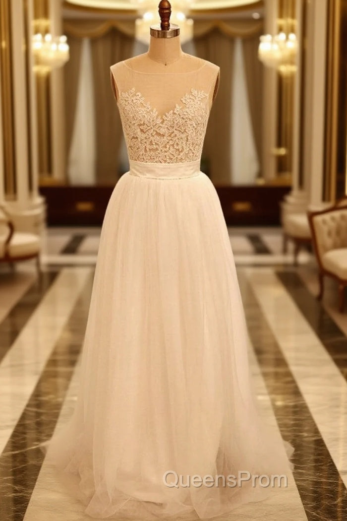 Custom Made A Line Round Neck Ivory Lace Wedding Dress, Deep V Neck Back Evening Prom Dress, Ivory Dress For Wedding