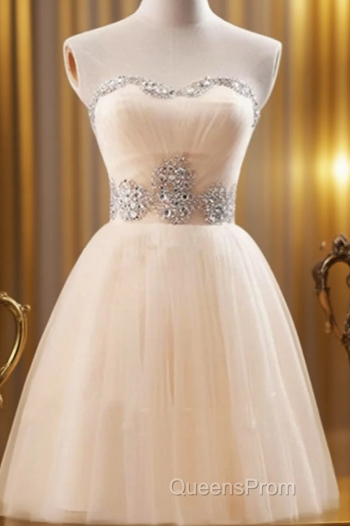 Custom Made A Line Sweetheart Neck Champagne Evening Prom Dress, Short Champagne Bridesmaid Dress, Graduation Dress, Homecoming Dress Main image