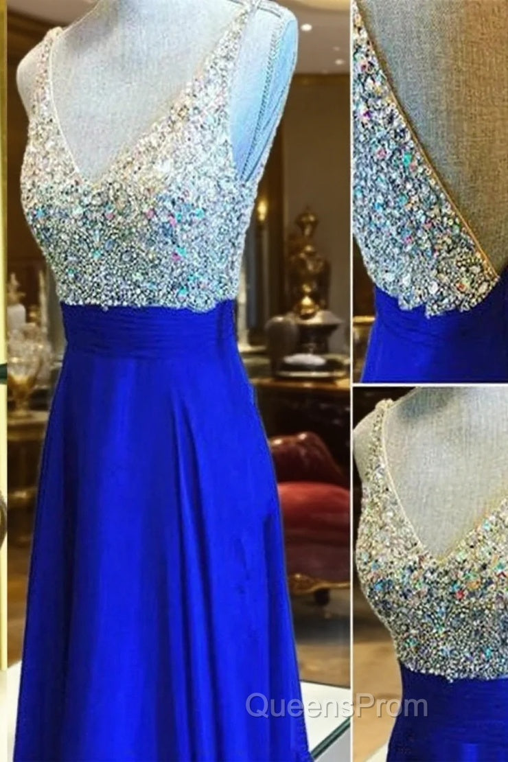 Custom Made A Line V Neck Backless Floor Length Royal Blue Evening Prom Dress, Blue Formal Dress, Blue Bridesmaid Dress Main image