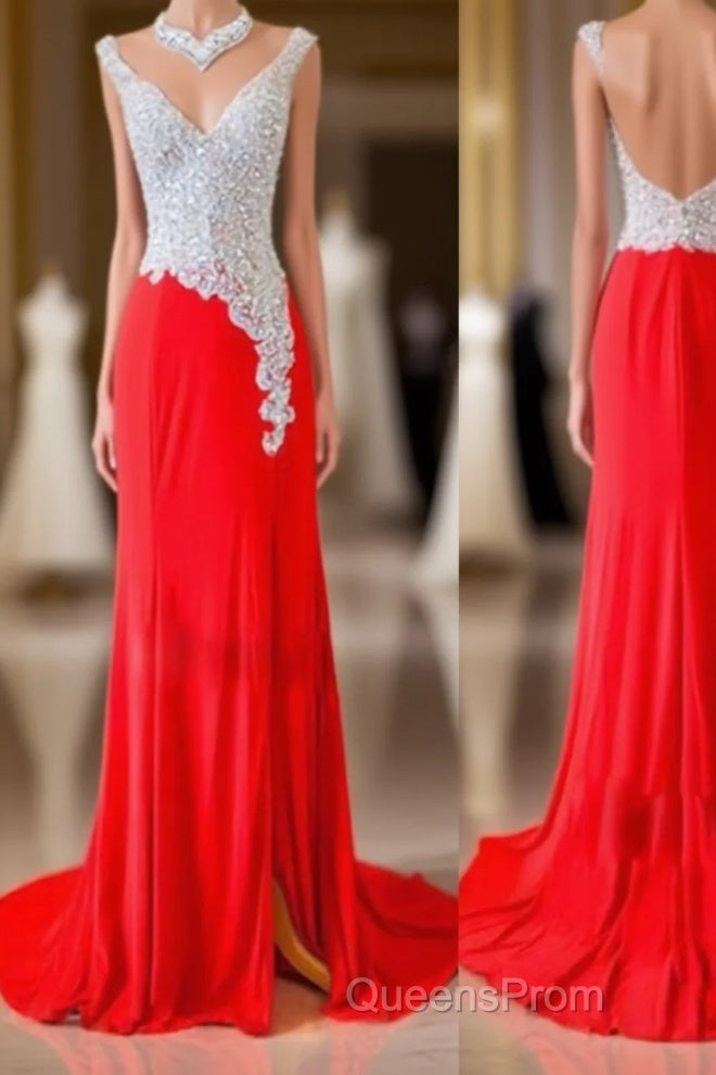 Custom Made A Line V Neck Backless Sequins Red Evening Prom Dress, Red Evening Dress Main image