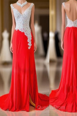 Custom Made A Line V Neck Backless Sequins Red Evening Prom Dress, Red Evening Dress