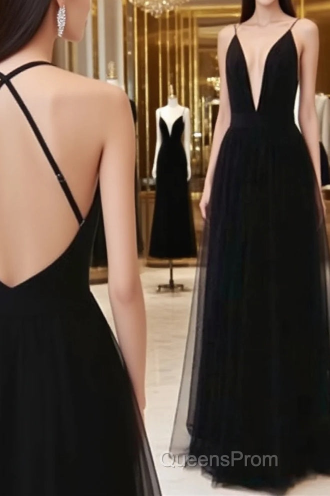 Custom Made A Line V Neck Black Backless Evening Prom Dress, Black Backless Formal Dress, Bridesmaid Dress Main image