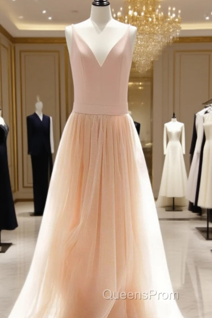 Custom Made A Line V Neck Champagne Tulle Evening Prom Dress, Champagne Wedding Dress, A Line V Neck Graduation Dress Main image