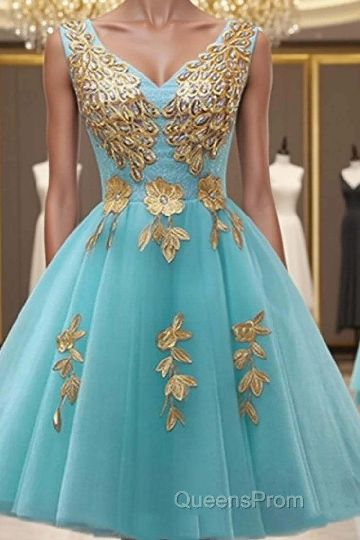 Custom Made A Line V Neck Light Blue Short Tulle Evening Prom Dress, Short Bridesmaid Dress, Homecoming Dress, Graduation Dress Main image