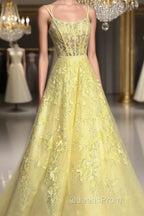 Custom Made Backless Yellow Lace Floral Long Evening Prom Dress, Yellow Lace Formal Graduation Evening Dress