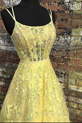 Custom Made Backless Yellow Lace Floral Long Evening Prom Dress, Yellow Lace Formal Graduation Evening Dress