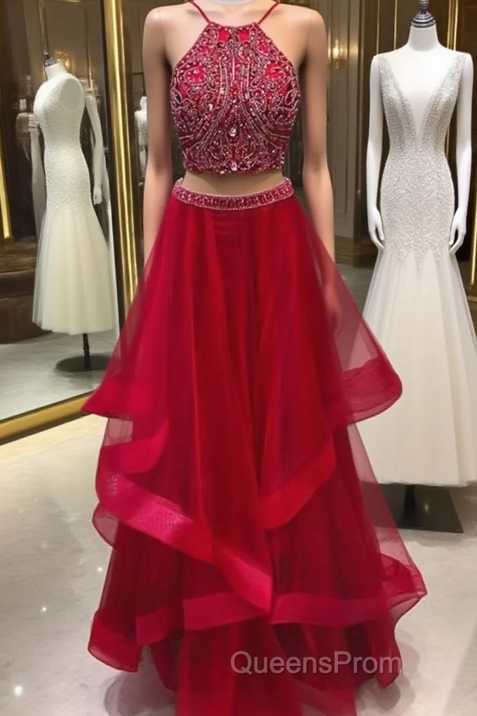 Custom Made Beaded Red Halter Two Piece Evening Prom Dress ,Formal Dress Main image