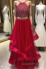 Custom Made Beaded Red Halter Two Piece Evening Prom Dress ,Formal Dress
