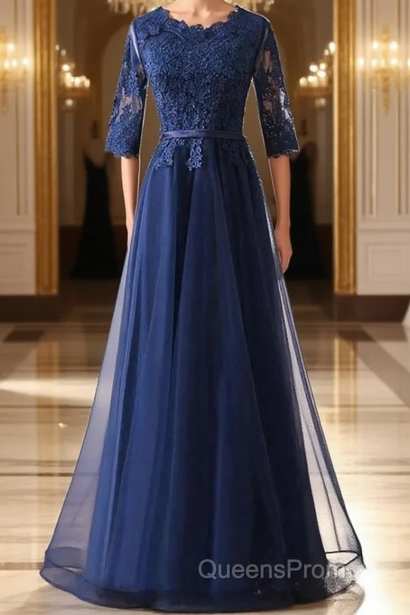 Custom Made Long Sleeves Navy Blue Lace Evening Prom Dress, Long Sleeves Lace Bridesmaid Dress, Long Sleeves Navy Blue Lace Formal Graduation Evening Dress Main image