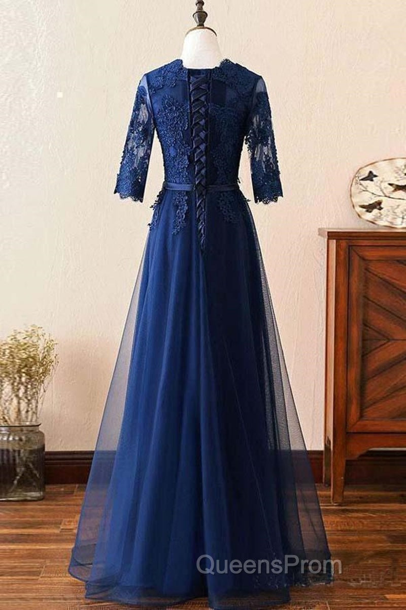 Custom Made Long Sleeves Navy Blue Lace Evening Prom Dress, Long Sleeves Lace Bridesmaid Dress, Long Sleeves Navy Blue Lace Formal Graduation Evening Dress