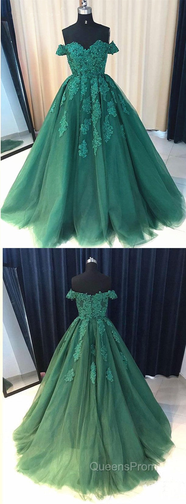 Custom Made Off Shoulder Emerald Green Lace Evening Prom Dress, Green Formal Dress, Lace Evening Prom Gown