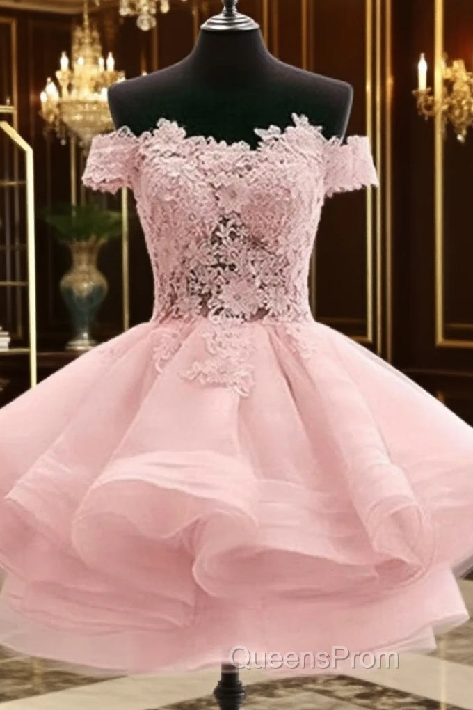 Custom Made Off Shoulder Pink Lace Short Evening Prom Dress, Pink Lace Bridesmaid Dress, Homecoming Dress Main image