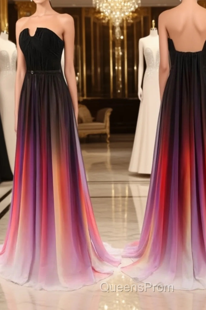 Custom Made Open Back Ombre Colorful Chiffon Evening Prom Dress, Backless Evening Dress Main image