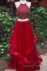 Custom Made Red Two Pieces Sequin Long Evening Prom Dress, Evening Dress