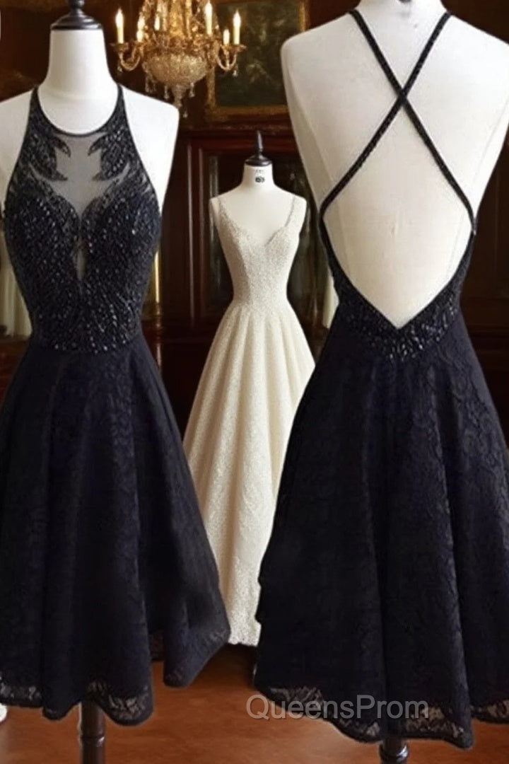 Custom Made Round Neck Backless Short Black Lace Evening Prom Dress, Short Black Lace Formal Dress Main image