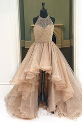 Custom Made Round Neck High Low Champagne Evening Prom Dress, High Low Formal Dress