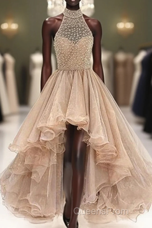 Custom Made Round Neck High Low Champagne Evening Prom Dress, High Low Formal Dress Main image