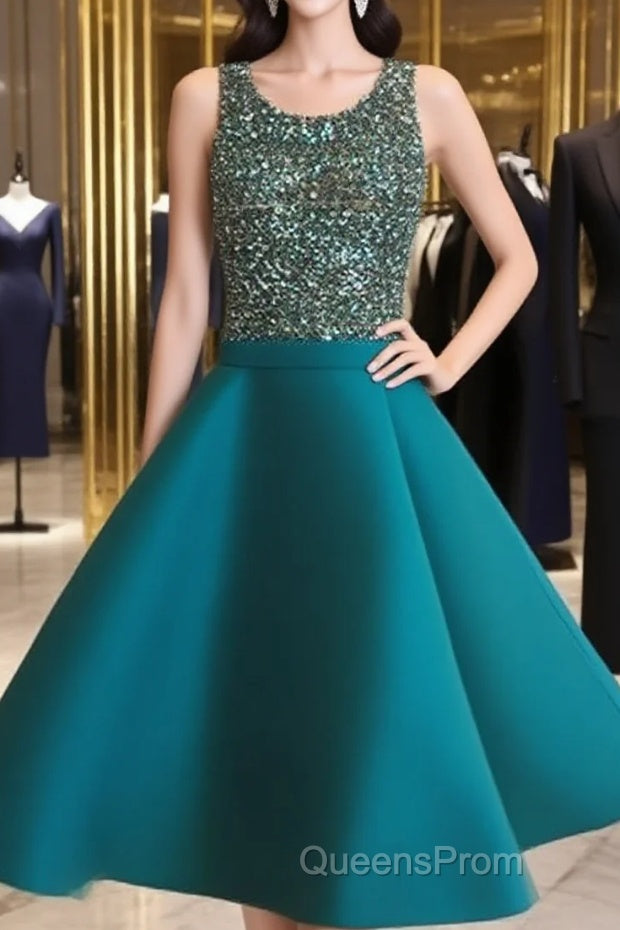 Custom Made Round Neck Sequin Short Green Evening Prom Dress, Homecoming Dress Main image