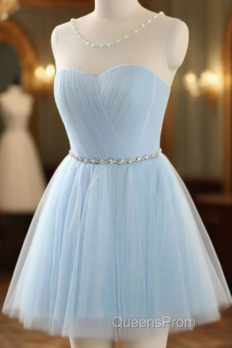 Custom Made Round Neck Short Blue Evening Prom Dress, Short Blue Graduation Dress, Homecoming Dress, Blue Bridesmaid Dress Main image