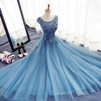 Custom Made Round Neck Sleeveless Lace Evening Prom Dress, Blue Lace Formal Dress